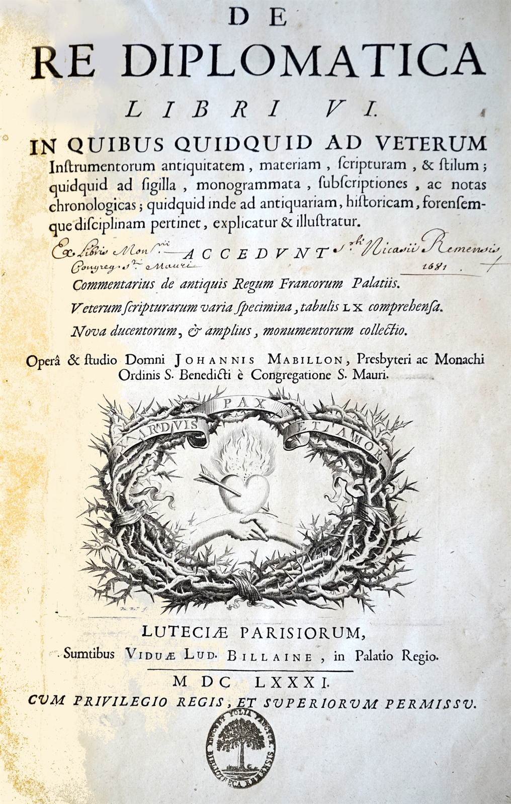 The title page of De re diplomatica, 1681, with a printer's device showing a flaming heart in a crown of thorns beneath a banner reading PAX.