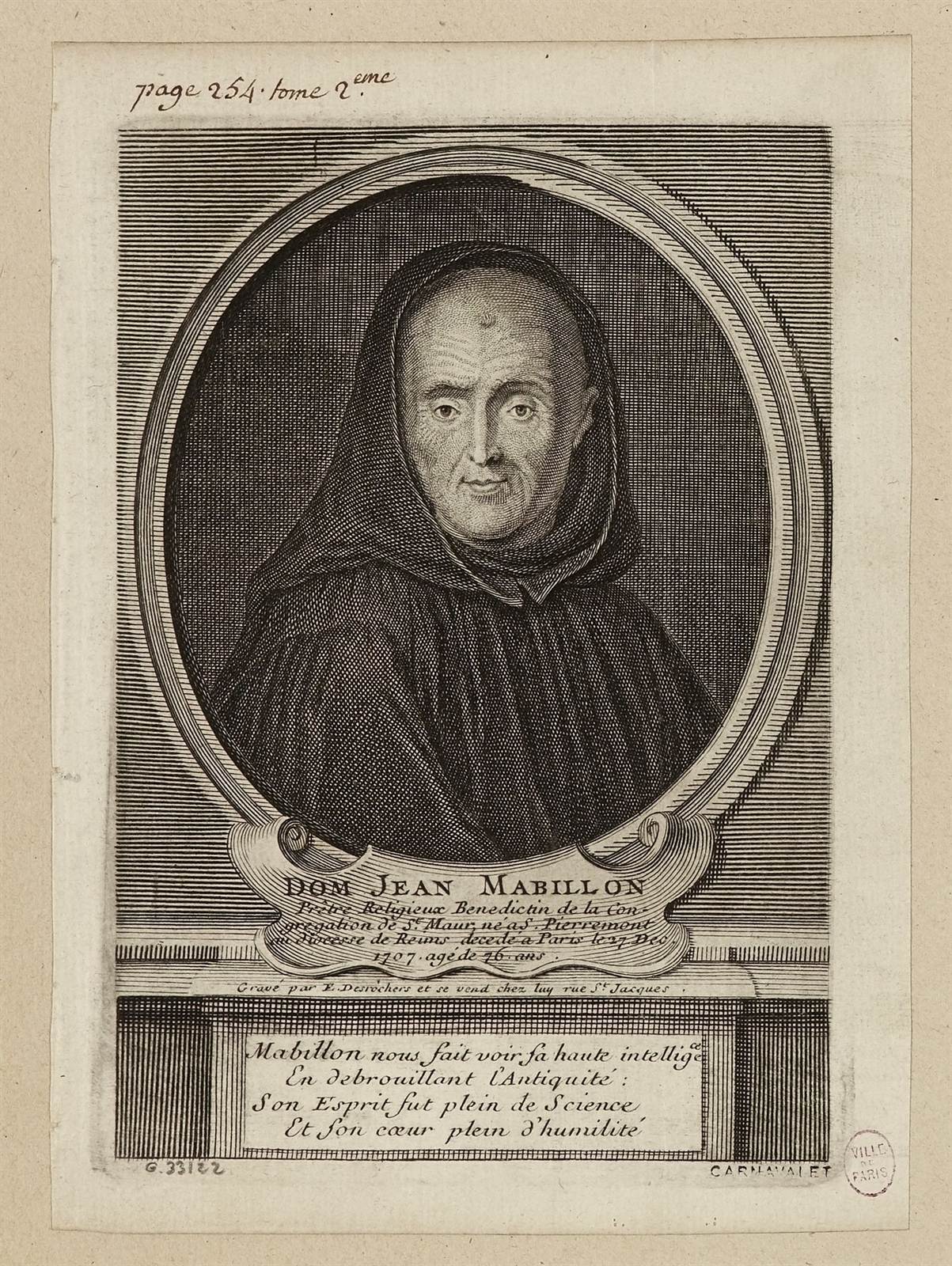 An engraved bust portrait of Jean Mabillon in Benedictine habit, within an oval frame.
