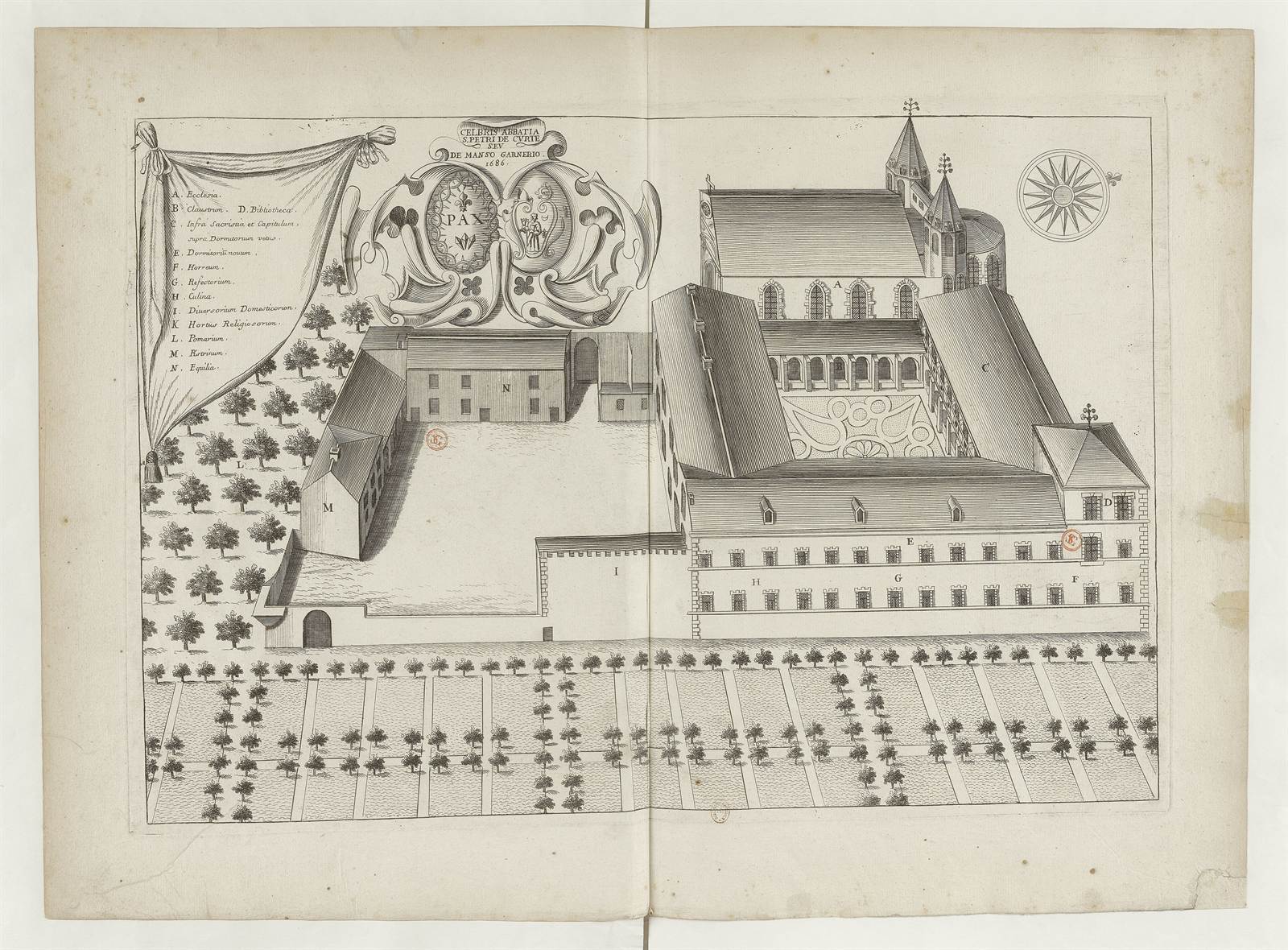 A 1686 engraving of the abbey seen from above: the church, the cloister, the ranges around it, a walled orchard, and rows of fruit trees in the foreground.