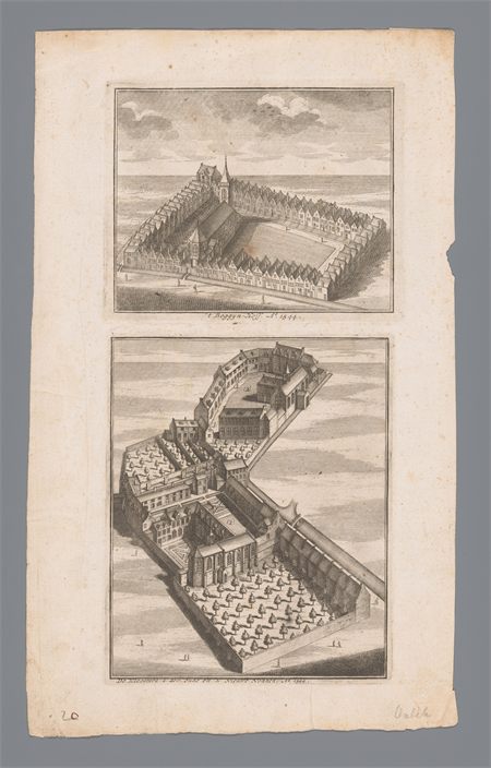Ein Vogelschaustich des Amsterdamer Beginenhofs: einzelne kleine Häuser, jedes mit eigener Tür, um einen gemeinsamen Hof und eine Kirche.