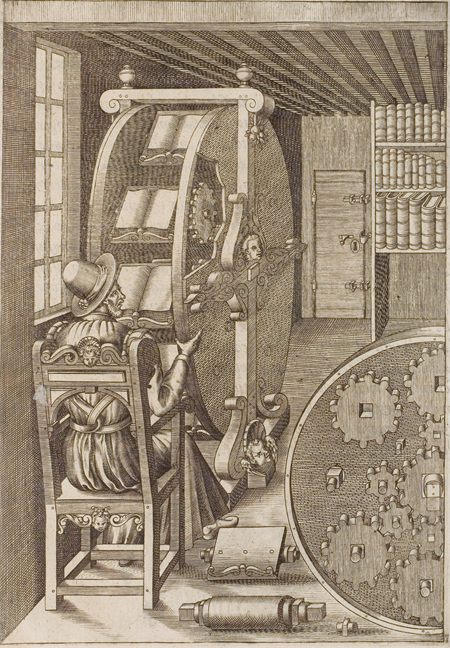 La roue à livres gravée par Ramelli en 1588 : une grande roue à engrenages tenant plusieurs livres ouverts à la fois.