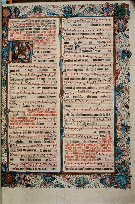Eine Seite aus einem grossen illuminierten Chorbuch, Noten und Text gross genug, um aus der Entfernung gelesen zu werden.