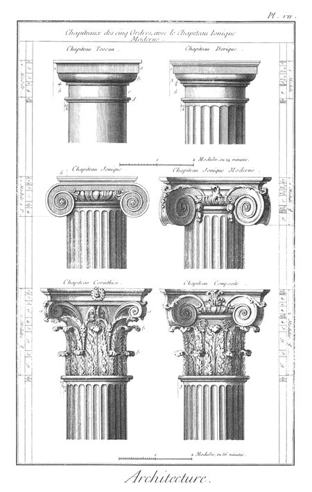 An Encyclopédie engraving setting the classical orders side by side, each column divided into modules with its proportions marked.