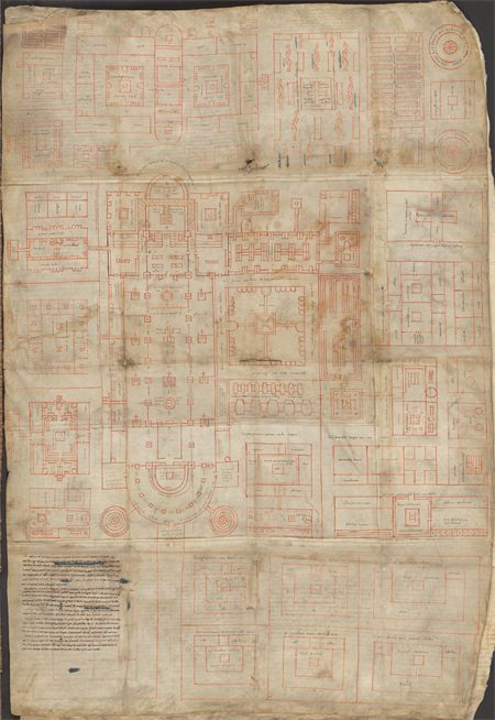 Der St. Galler Klosterplan des 9. Jahrhunderts: eine grosse vermessene Zeichnung mit allen benannten Gebäuden, Kirche, Refektorium, Küche, Keller, Schlafsaal und Gärten.