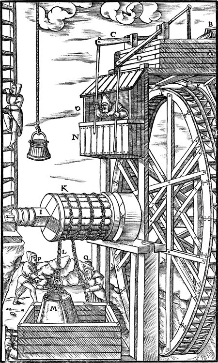 Une gravure sur bois du XVIe siècle d’une roue à eau avec son canal et son engrenage, dessinée avec assez de précision pour être construite.