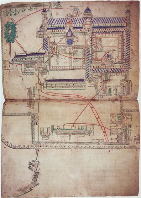 A twelfth-century drawing of the Canterbury priory waterworks: pipes, settling tanks and towers drawn across a plan of the buildings.